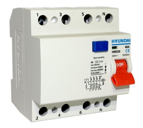 Выключатель дифференциальный (УЗО) HIRC63 4PG4S0000C 00040F 4 полюса, 40A, 30mA  13.05.000016  HYUNDAI