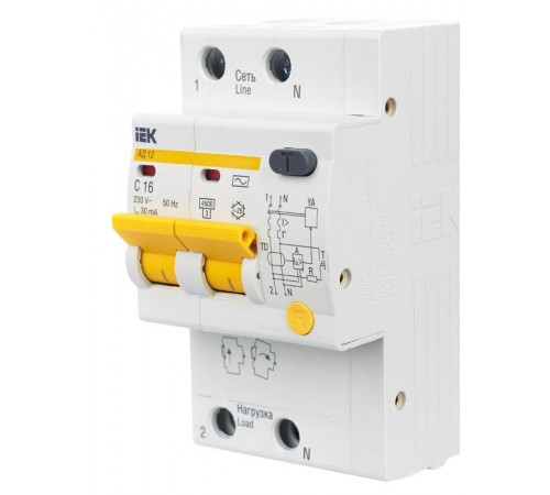Выключатель автоматический дифференциального тока АД12 2п 16А C 30мА тип AC (3 мод)  MAD10-2-016-C-030  IEK