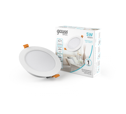 Светильник  Basic Downlight круг 5W 400lm 4000K 170-260V IP20 95*26 монтаж белый LED 1/100  9030420205  Gauss