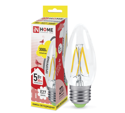 Лампа светодиодная LED-СВЕЧА-deco 5Вт 230В Е27 3000К 450Лм прозр  4690612007588  IN HOME