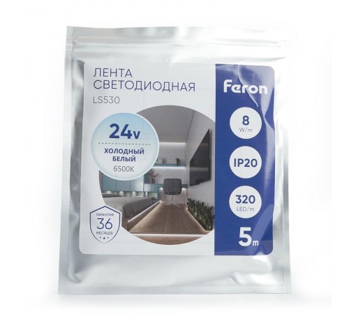 Лента светодиодная 320SMD(2110) 10Вт/м 24V 5000*8*1.8мм IP20 6500К, LS530 FERON  48265  FERON