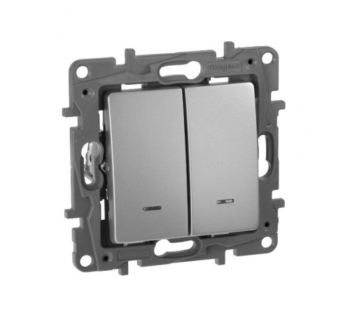 Etika Алюминий Выключатель 2-клавишный с подсветкой/индикациейавт, автозажимные клеммы, 10 AX, 250 В  672404  Legrand