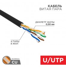 Кабель витая пара U/UTP, CAT 5e, PE, 4PR, 24AWG, OUTDOOR, SOLID, черный, 305м, РФ REXANT  01-0045-R  REXANT