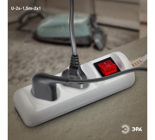 U-2s-1,5m-2x1 Удлин-ль без заземл, с выкл, 2гн, 1,5м, ПВС, 2х1мм2, 10А (20/720)  Б0044046  ЭРА