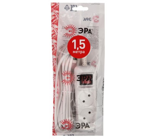 U-2s-1,5m-2x1 Удлин-ль без заземл, с выкл, 2гн, 1,5м, ПВС, 2х1мм2, 10А (20/720)  Б0044046  ЭРА