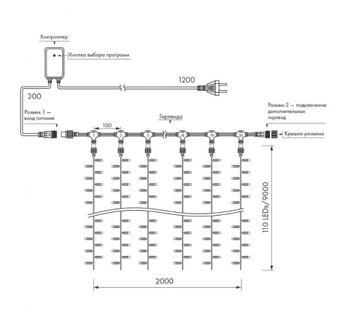Светодиодная гирлянда ARD-CURTAIN-CLASSIC-2000x9000-CLEAR-2200LED Warm (230V, 120W)  024875  Arlight