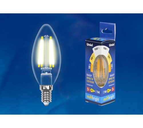Лампа светодиодная LED-C35-5W/WW/E14/CL/MB GLM10TR LED. "свеча", прозр Серия Multibright. 3000K 100-50-10 .  UL-00002367  Uniel
