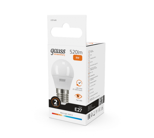 Лампа светодиодная LED 8Вт E27 220В 2700К Elementary шар  53218  Gauss