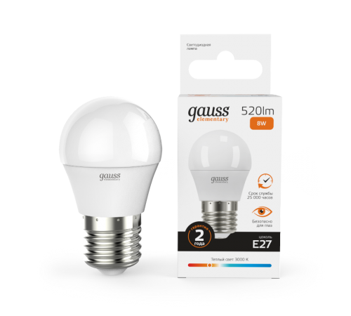 Лампа светодиодная LED 8Вт E27 220В 2700К Elementary шар  53218  Gauss