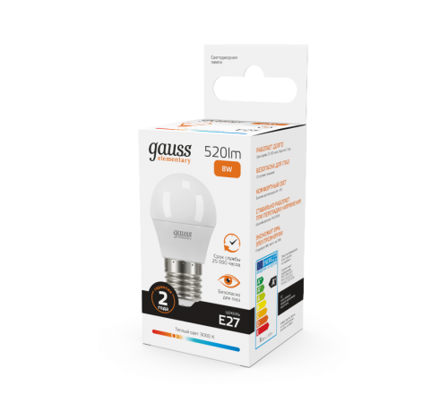 Лампа светодиодная LED 8Вт E27 220В 2700К Elementary шар  53218  Gauss