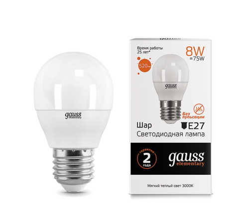 Лампа светодиодная LED 8Вт E27 220В 2700К Elementary шар  53218  Gauss
