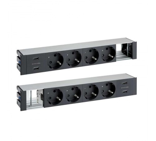 Двухсторонний врезной x12 розеточный блок, щетка, 8x2P+E, 4xUSB з/у, 2 пустых модуля, черный, S400  46624000-138  Simon