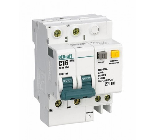 Выключатель автоматический дифференциального тока со встроенной защитой от сверхтоков ДИФ-101 2P 10A 30мА AC C + OV  15147DEK  DEKraft
