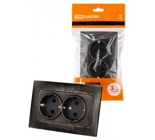 Розетка двойная 2П+З 16А 250В с защ. шт. старинная бронза "Лама"  SQ1815-0754  TDM