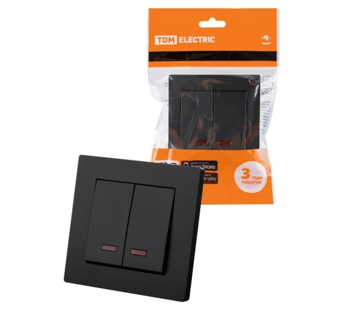 Выключатель 2 кл. с подсветкой 10А черный "Сенеж"  SQ1816-0305  TDM