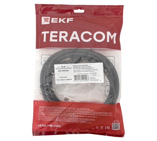 Кабель питания TERACOM для PDU IEC 60320 C13 - CEE 7/7 (Schuko)3x1,5мм2 250В 10A длина 3 м  TRC-PCA-C13-SH-3M  EKF
