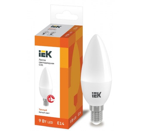 Лампа светодиодная LED 9Вт 230В 3000К E14 свеча  LLE-C35-9-230-30-E14  IEK