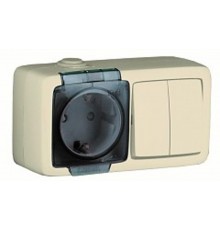 Блок открытой установки, брызгозащищенный, розетка с заземляющим контактом и шторками+двухклавишный выключатель, слоновая кость  БА 16-222-01  HEGEL
