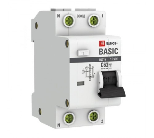 Выключатель автоматический дифференциального тока 1P+N 63А 30мА тип АС характеристика C электронный 4,5кА АД-12 EKF Basic  DA12-63-30-bas  EKF