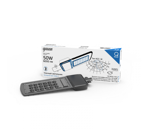 Светильник светодиодный консольный уличный Qplus 50W 6000lm 5000K 120-260V IP65 370*145*45мм черный КСС "Ш" LED 1/6  629535350  Gauss