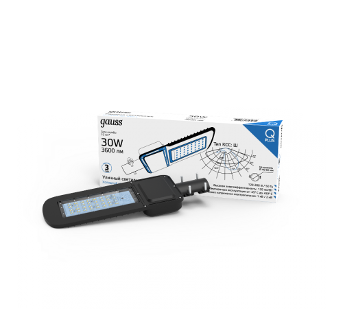 Светильник светодиодный консольный уличный Qplus 50W 6000lm 5000K 120-260V IP65 370*145*45мм черный КСС "Ш" LED 1/6  629535350  Gauss