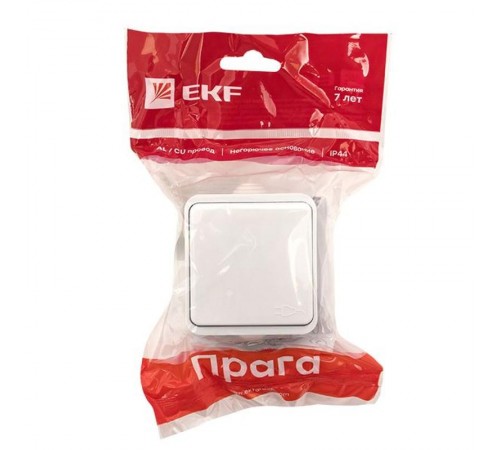 Прага Розетка 1-местная 16А с заземлением с крышкой IP44 белая EKF  EKR16-029-10-44  EKF