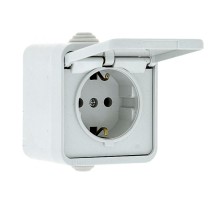 Прага Розетка 1-местная 16А с заземлением с крышкой IP44 белая EKF  EKR16-029-10-44  EKF