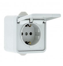 Прага Розетка 1-местная 16А с заземлением с крышкой IP44 белая EKF  EKR16-029-10-44  EKF