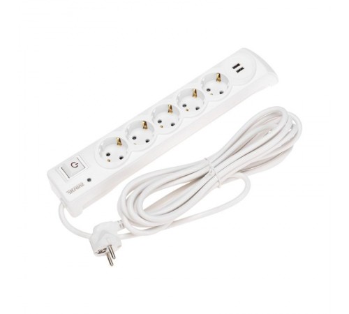 Фильтр сетевой 5 гнезд, 5м, 3х1,5мм, с автовыкл, 2 USB, белый  13-4701  Kranz