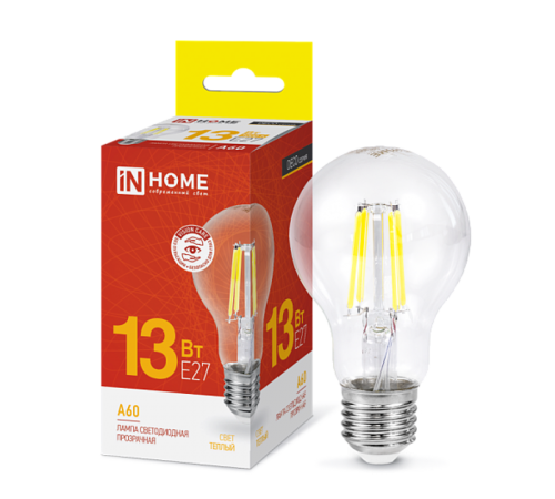 Лампа светодиодная LED-A60-deco 13Вт 230В Е27 3000К 1170Лм прозрачная  4690612035581  IN HOME