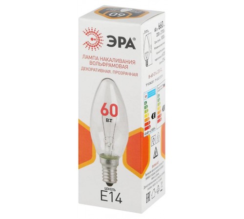 Лампа накаливания  B36 60Вт Е14 / E14 230В  свечка прозрачная  Б0066551  ЭРА