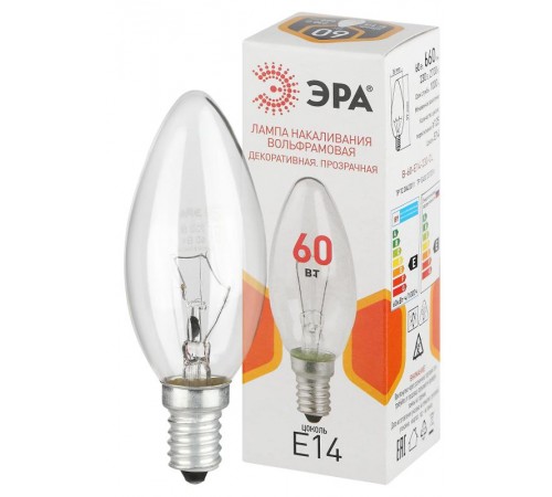 Лампа накаливания  B36 60Вт Е14 / E14 230В  свечка прозрачная  Б0066551  ЭРА