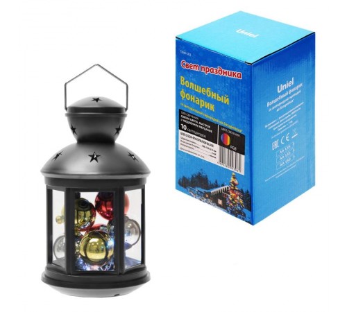 Фонарь с LED гирляндой внутри  ULD-L1220-010/DTB/RGB BLACK  на батарейке 10 диодов  RGB свет режим миганиячерный корпус 12*20 см  UL-00002309  Uniel