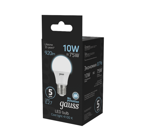 Лампа светодиодная LED 10Вт E27 220В 4100К A60  102502210  Gauss