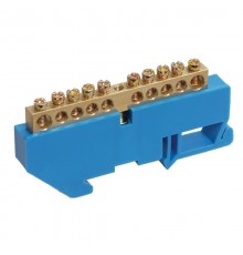 Шина "N" нулевая с синим изолятором на DIN-рейку 6x9 мм стойка бол. 10 групп  11-2341  REXANT