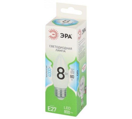 Лампа светодиодная  GREEN LINE LED B35-8W-840-E27 GL E27 8 Вт свеча яркий белый свет  Б0067104  ЭРА