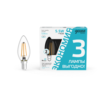 Лампа светодиодная   Basic Filament Свеча 5,5W 530lm 4100К Е14 LED (3 лампы в упаковке) 1/20  1031126T  Gauss