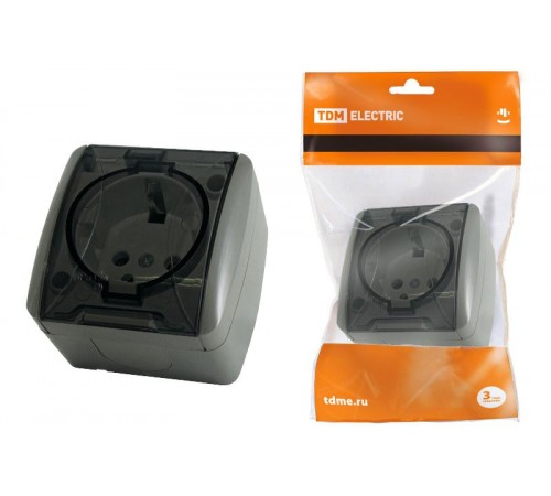 Розетка 2П+3 открытой установки IP54 16А с прозрачной крышкой серая "Селигер"  SQ1818-0107  TDM