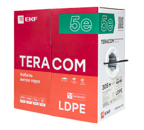 Кабель витая пара TERACOM Cat.5E F/UTP 4 пары solid внешний цвет черный упак. 305м  TRC-5EFTP-04PE-BK-OUT3  EKF