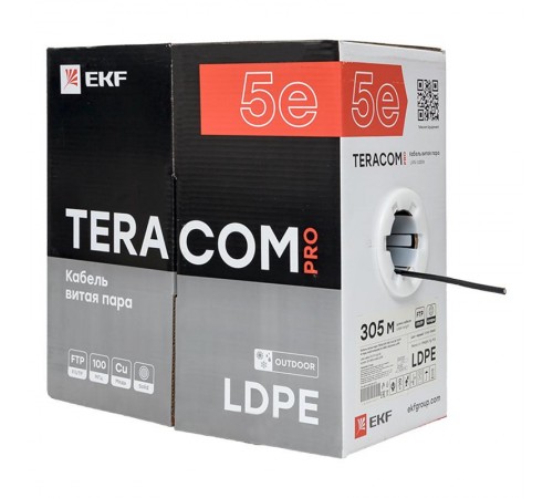 Кабель витая пара TERACOM Cat.5E F/UTP 4 пары solid внешний цвет черный упак. 305м  TRC-5EFTP-04PE-BK-OUT3  EKF
