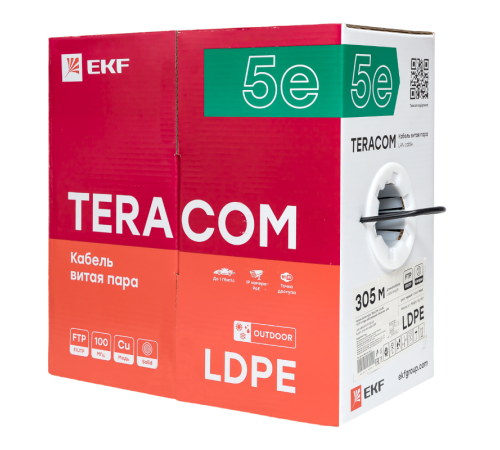 Кабель витая пара TERACOM Cat.5E F/UTP 4 пары solid внешний цвет черный упак. 305м  TRC-5EFTP-04PE-BK-OUT3  EKF