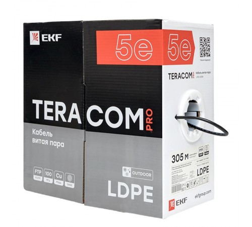Кабель витая пара TERACOM Cat.5E F/UTP 4 пары solid внешний цвет черный упак. 305м  TRC-5EFTP-04PE-BK-OUT3  EKF