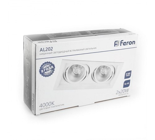 Светильник светодиодный встраиваемый карданный AL202, 2x20W, 3600 Lm, 4000К, 35 градусов, белый  29777  FERON