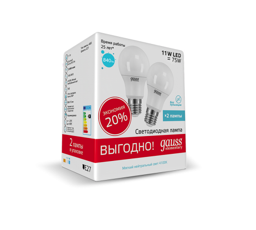 Лампа светодиодная LED 11Вт E27 220В 4100К Elementary (2 лампы в упаковке)  23221P  Gauss