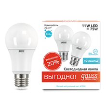 Лампа светодиодная LED 11Вт E27 220В 4100К Elementary (2 лампы в упаковке)  23221P  Gauss