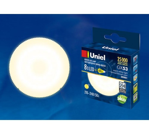 Лампа светодиодная LED-GX53-8W/WW/GX53/FR PLZ01WH LED, матовая. .  UL-00001672  Uniel