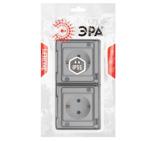 Розетка 2-ая ЭРА Эксперт 11-2524-01 2х2P+E гориз. IP55, шторки, 16A-250В, СУ, Белый  Б0063254  ЭРА