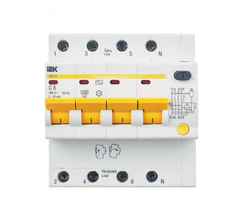 Выключатель автоматический дифференциального тока АД14 4п 6А C 10мА тип AC (5 мод)  MAD10-4-006-C-010  IEK