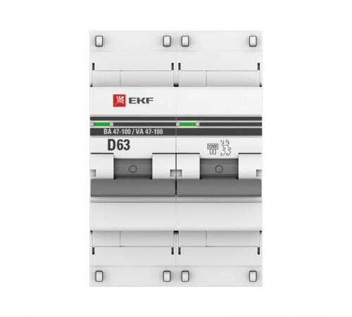 Выключатель автоматический двухполюсный ВА 47-100 63А D 10кА PROxima  mcb47100-2-63D-pro  EKF