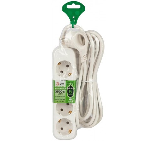 Удлинитель электрический ЭРА UDL-16-450-E Greenline 4 розетки с заземлением 5м ПВС 3x1мм2   Б0065062  ЭРА